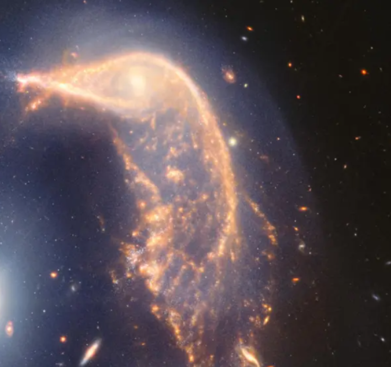 Las observaciones del Webb muestran claramente que las galaxias están unidas por una neblina representada en azul.